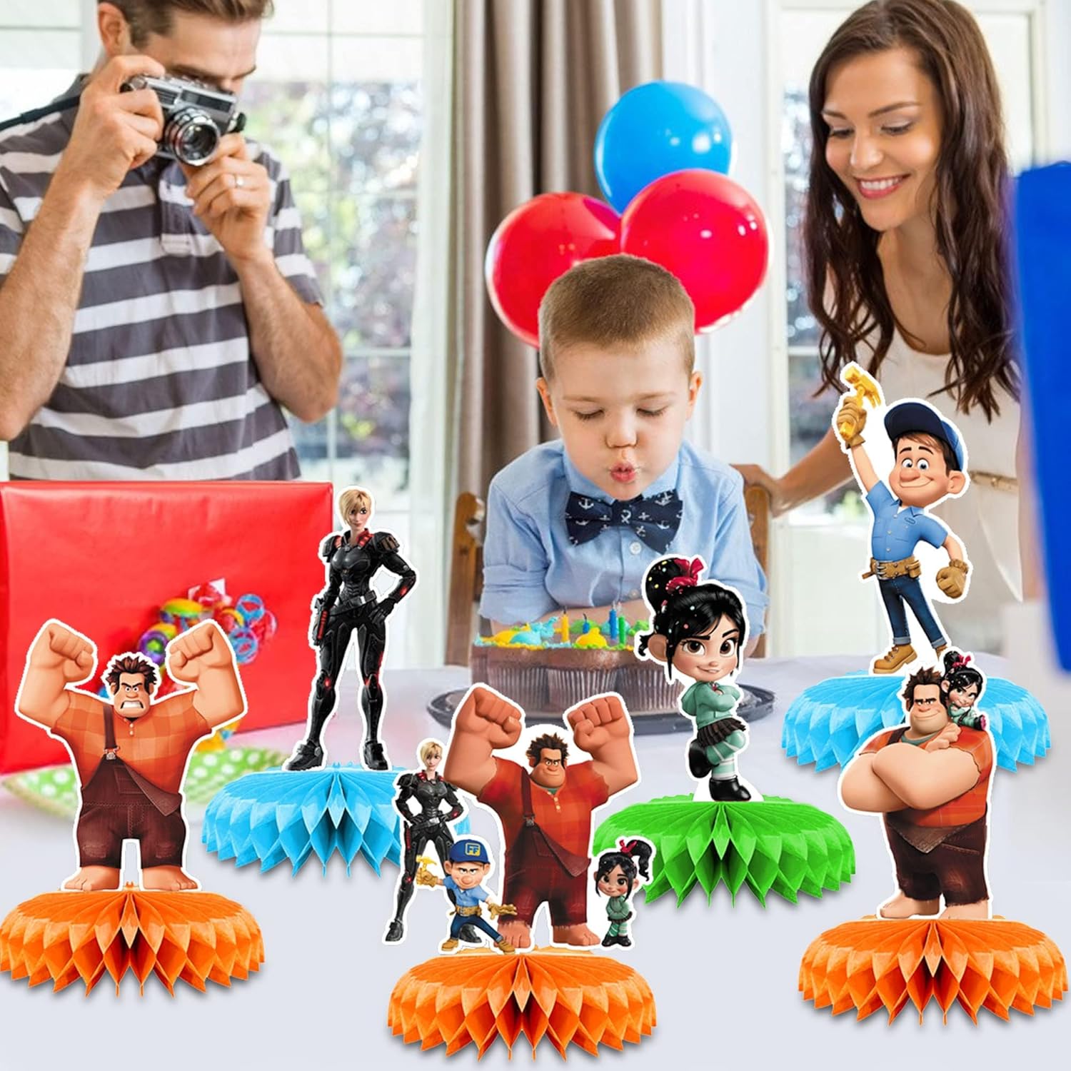 Wreck it Ralph – Decoraciones de fiesta, 7 piezas de centros de mesa con temática de panal de abeja Wreck it Ralph, decoraciones de mesa lateral