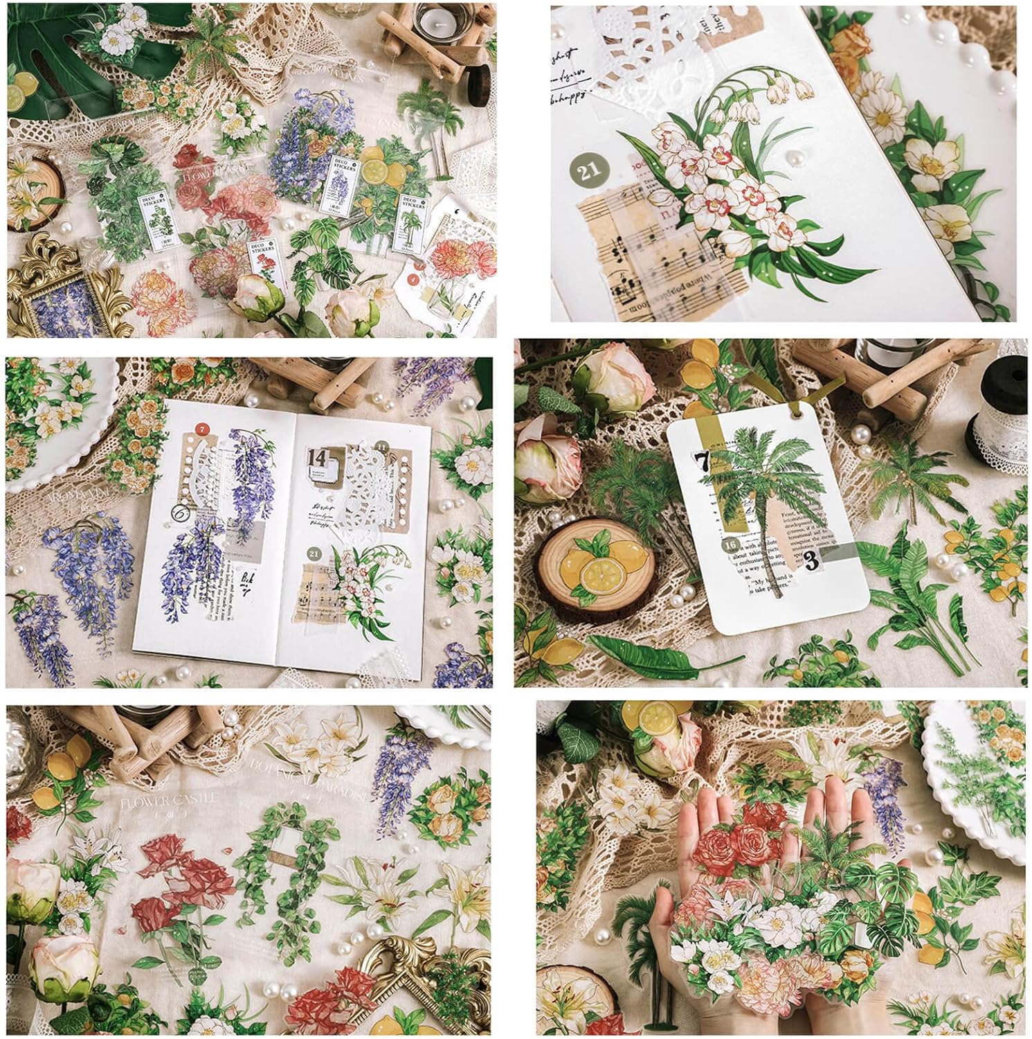 Maxleaf – 60 calcomanías impermeables transparentes  Maxleaf colección de plantas vintage y flores, calcomanías impermeables de gran tamaño para