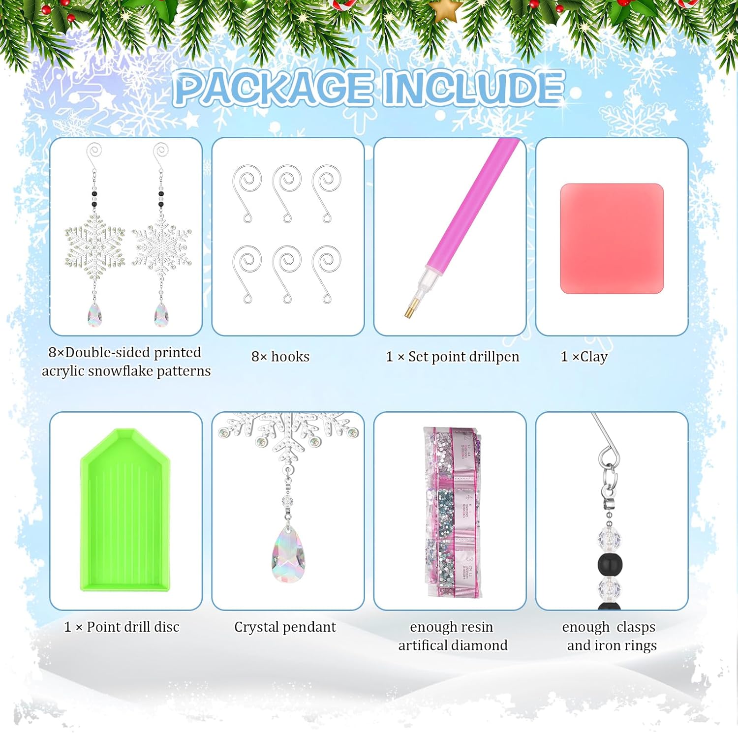 Uiifan 8 piezas de adornos de pintura de diamantes de copos de nieve, pintura de diamantes de Navidad, campanillas de viento, kits de arte de
