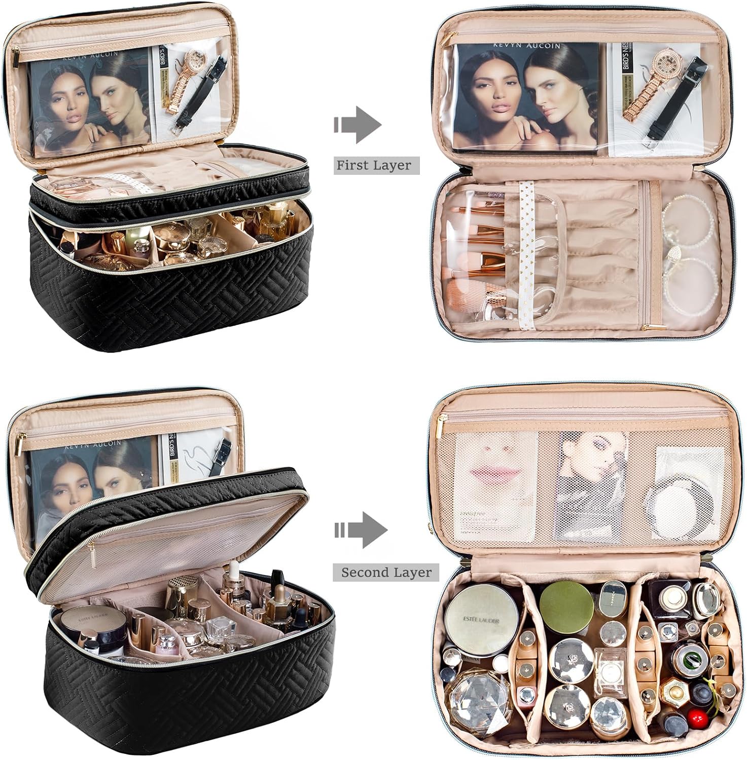 AMOIGEE Bolsa de maquillaje grande, organizador de bolsa de maquillaje de viaje, estuche de tren de doble capa, bolsa de maquillaje, bolsa de aseo