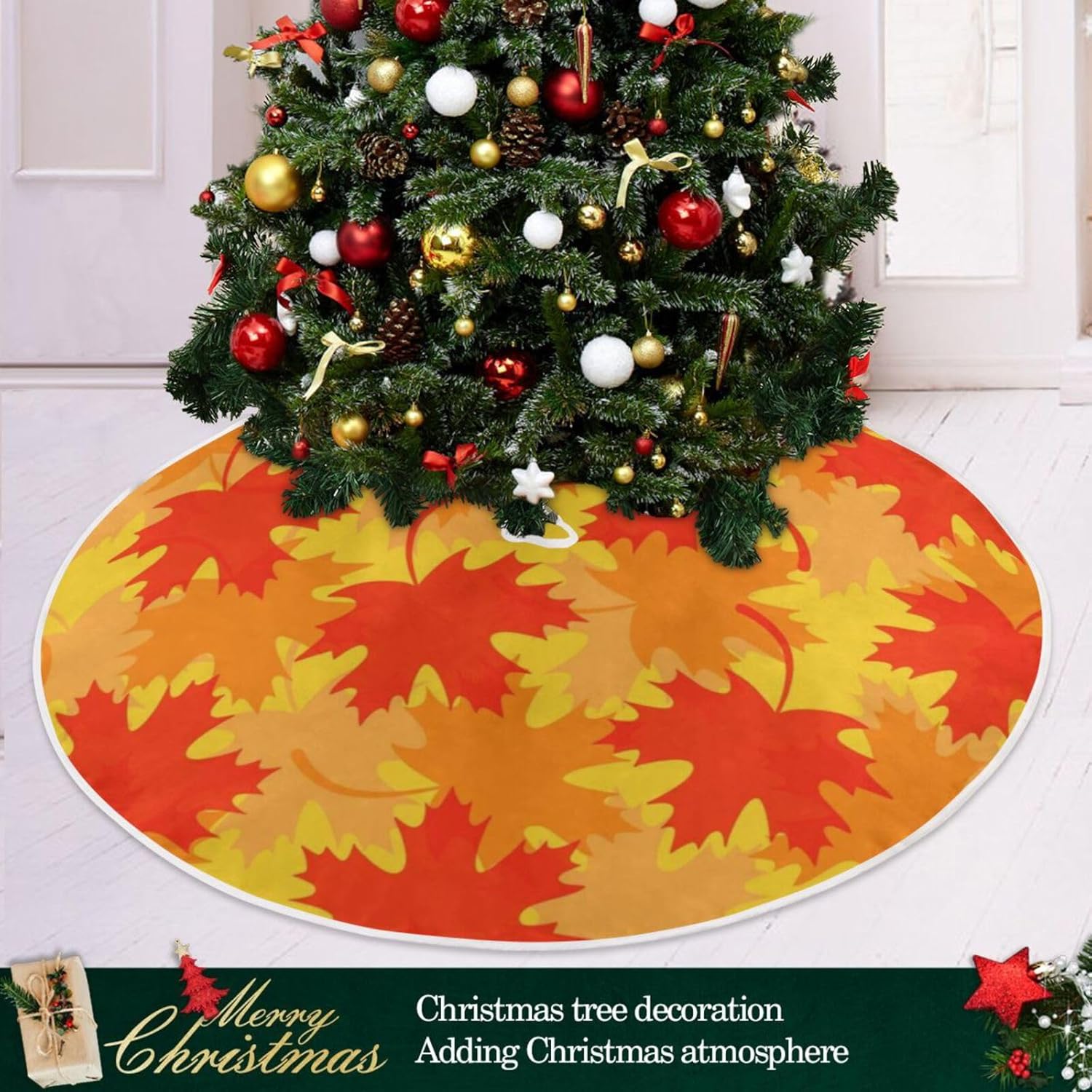 Falda de árbol de Navidad con hojas rojas y amarillas para Acción de Gracias, falda suave para árbol de Navidad, 35.4 pulgadas, decoración para