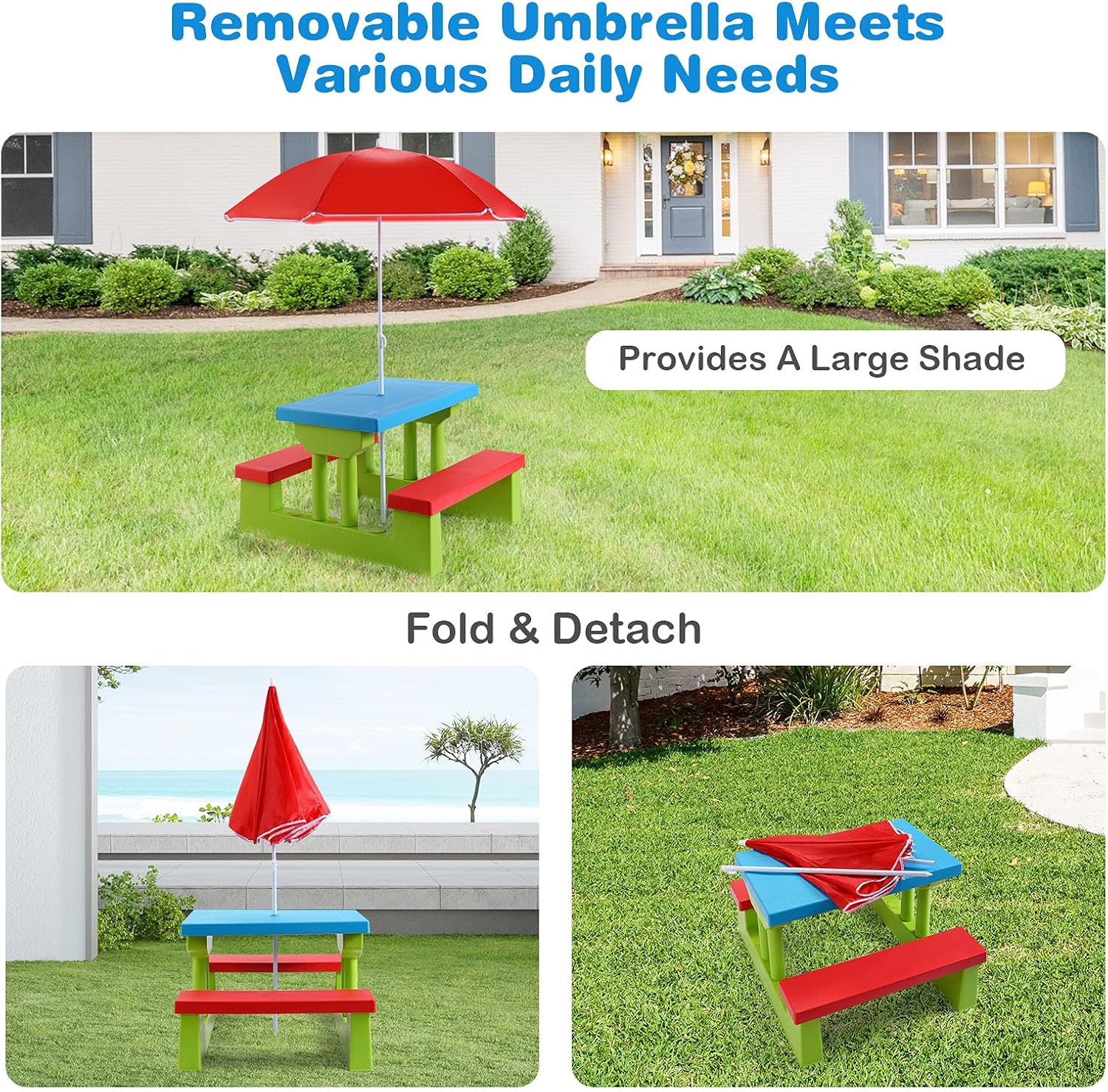 BETTARY – Juego de mesa y silla de picnic para niños pequeños, juego de mesa y banco para niños con paraguas extraíble, juego de mesa de picnic