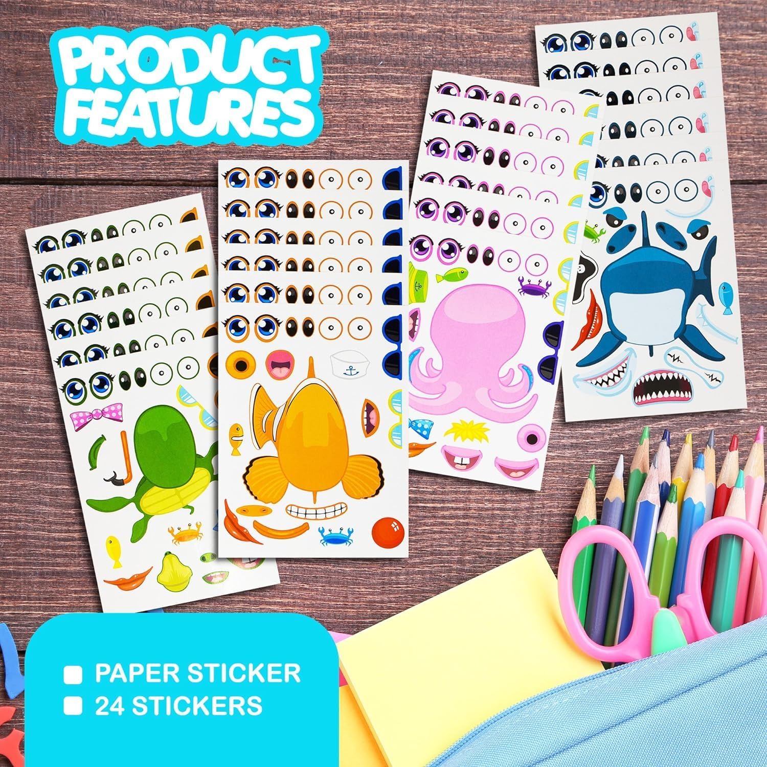 24 hojas de calcomanías Make A Sea – Calcomanías de toda la vida marina favorita de tus hijos – Divertido proyecto de manualidades para niños –