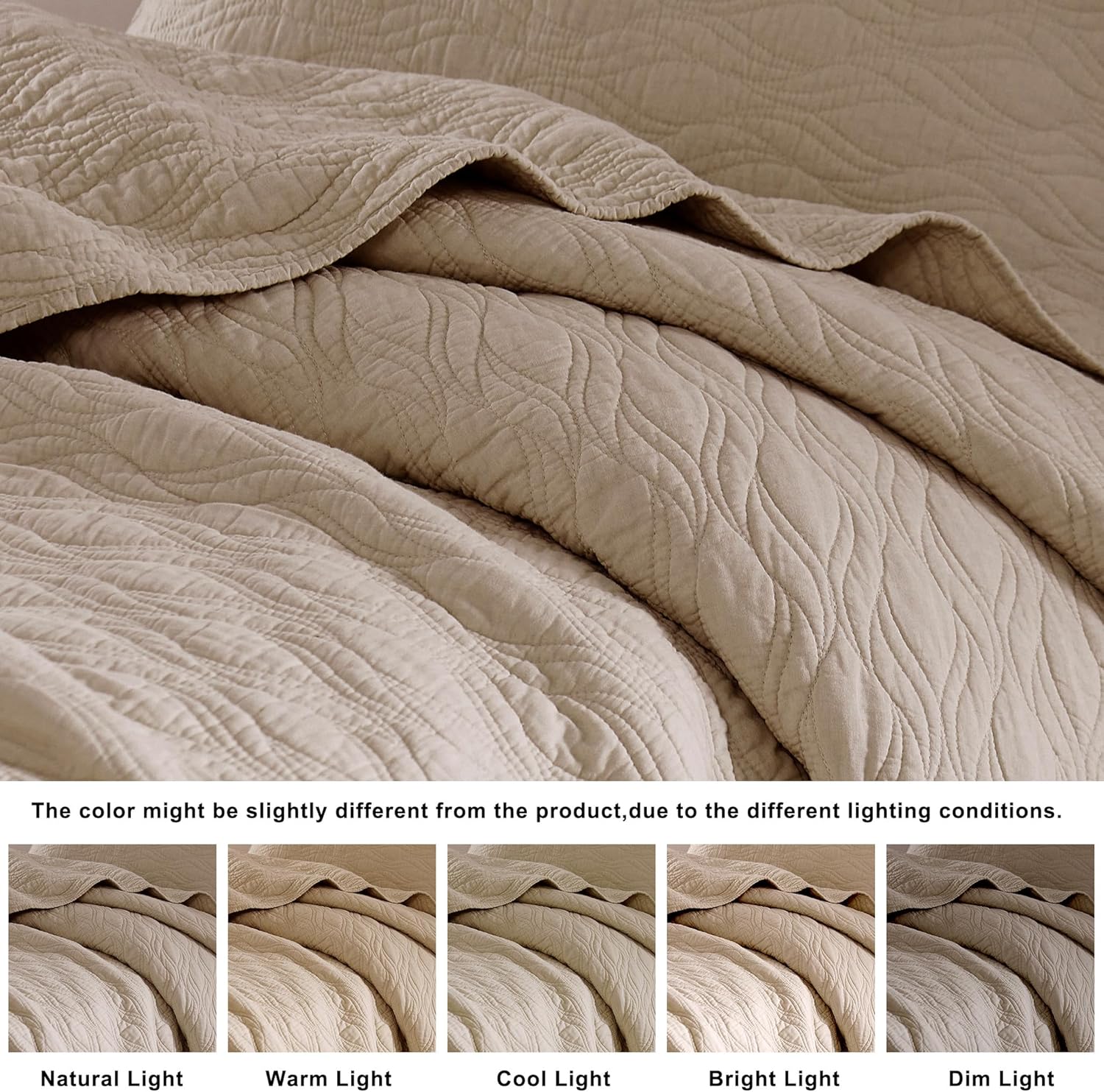 Juego de ropa de cama de 100 % algodón beige con fundas de almohada, colcha ligera y suave de gran tamaño, funda de cama acogedora para todas las
