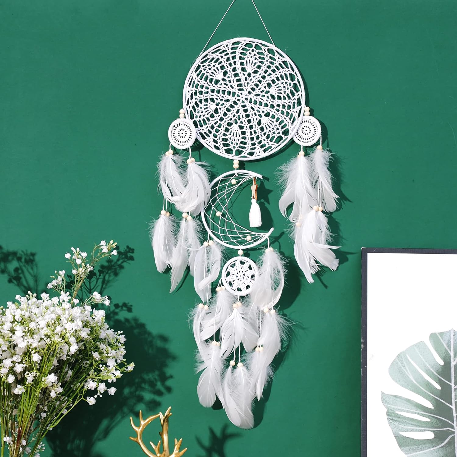 Atrapasueños – Decoración de pared bohemia con plumas de luna y sol, hecha a mano, tradicional, atrapasueños, decoración colgante de pared para