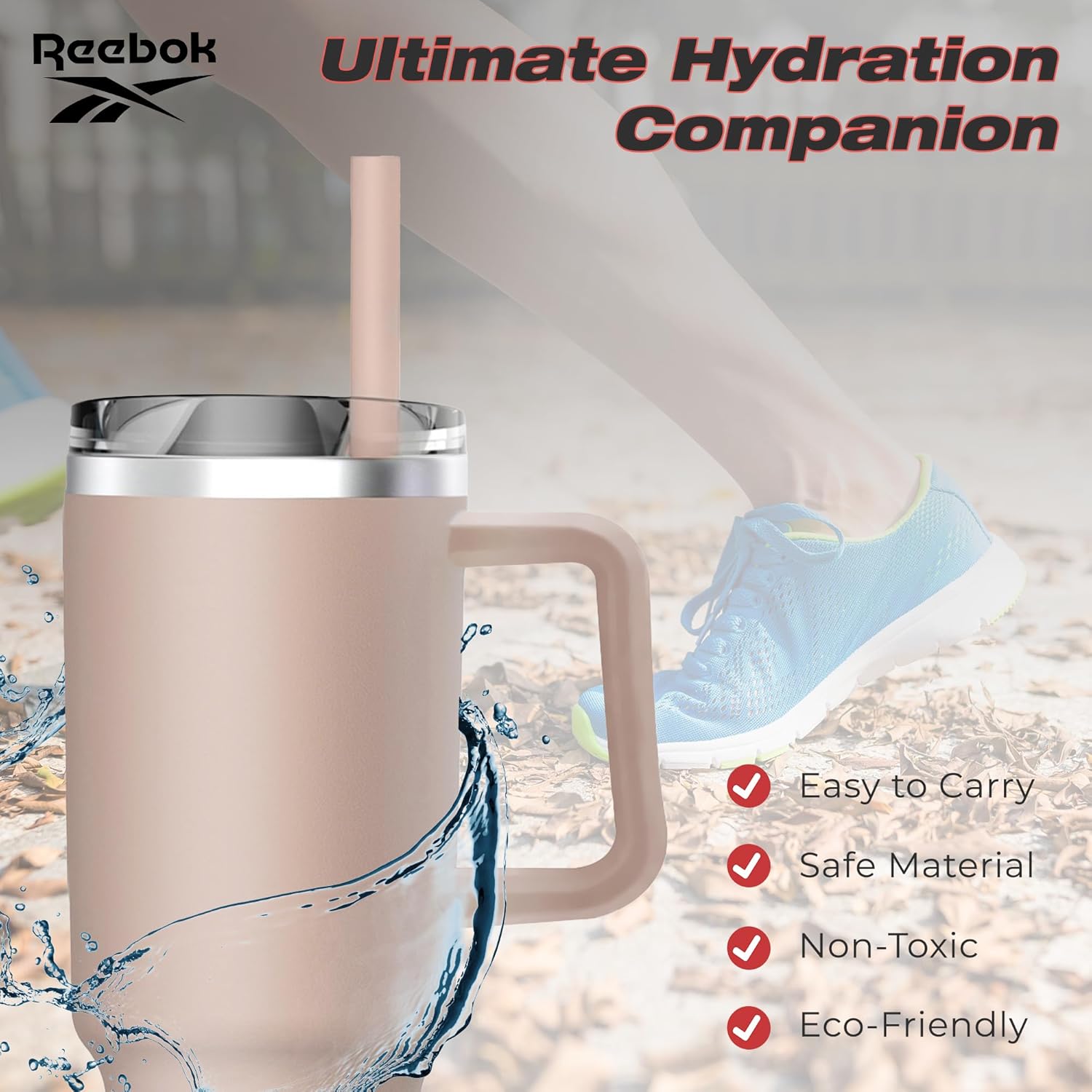 Reebok Vaso de acero inoxidable con diseño de estilo de vida, vaso de 40 onzas con asa, vaso de doble pared aislado al vacío, vaso a prueba de fugas