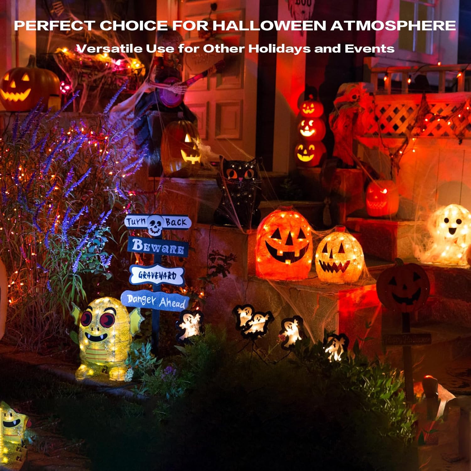 Luces de calabaza de Halloween, paquete de 4 luces LED de calabaza con control remoto y temporizador, funciona con pilas, luz de linterna para