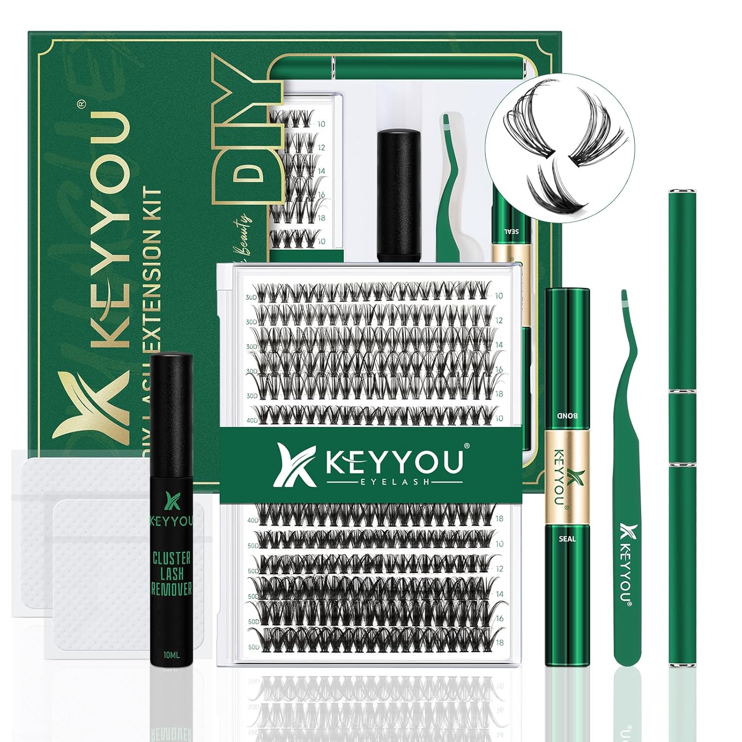 KEYYOU – Kit de extensión de pestañas para bricolaje, 300 unidades, kit de extensión de pestañas individuales 30D40D50D 0.07C, 9-18 MIX, kit de