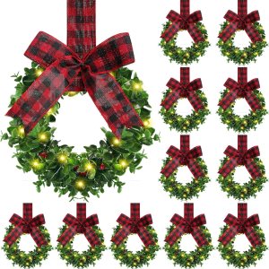 12 coronas de boj con lazo, corona de Navidad con luces LED, corona de Navidad sintética con bayas rojas, corona colgante artificial para decoración 12 coronas de boj con lazo, corona de Navidad con luces LED, corona de Navidad sintética con bayas rojas, corona colgante artificial para decoración