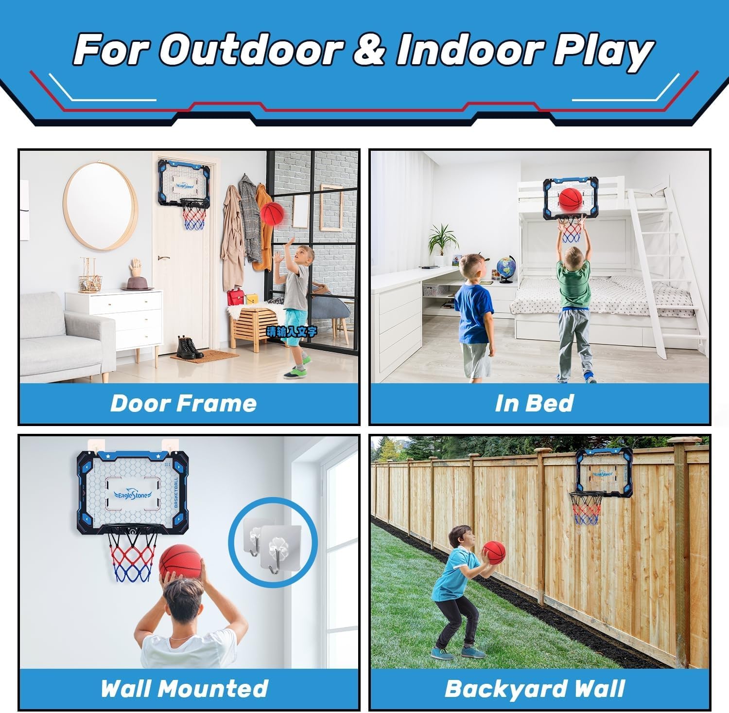 EagleStone Aro de baloncesto para interiores para niños, mini aros de baloncesto sobre la puerta, juego de baloncesto montado en la pared, juguetes