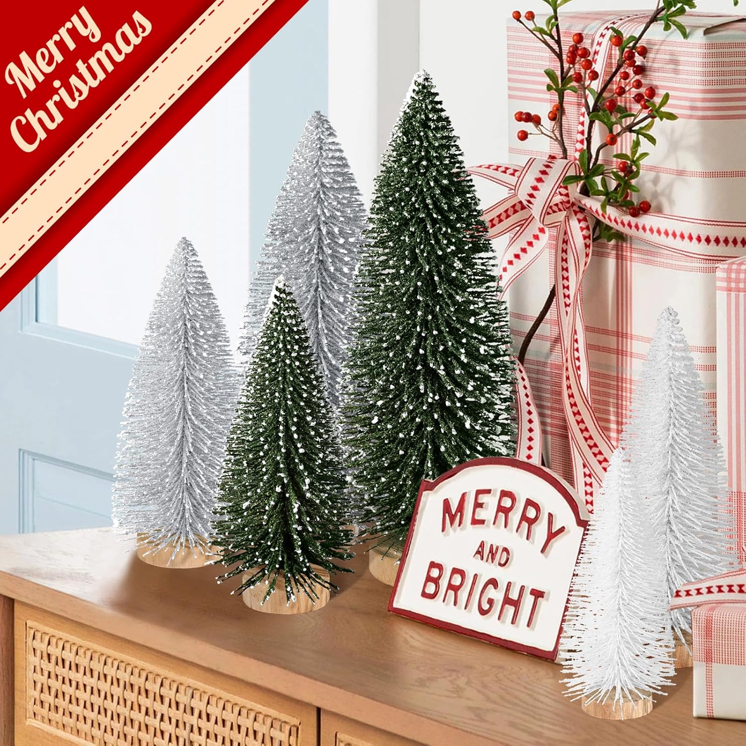 6 piezas de mini árboles de Navidad, decoración de Navidad artificial, mini botella de árbol de Navidad, árboles de decoración de Navidad con 4