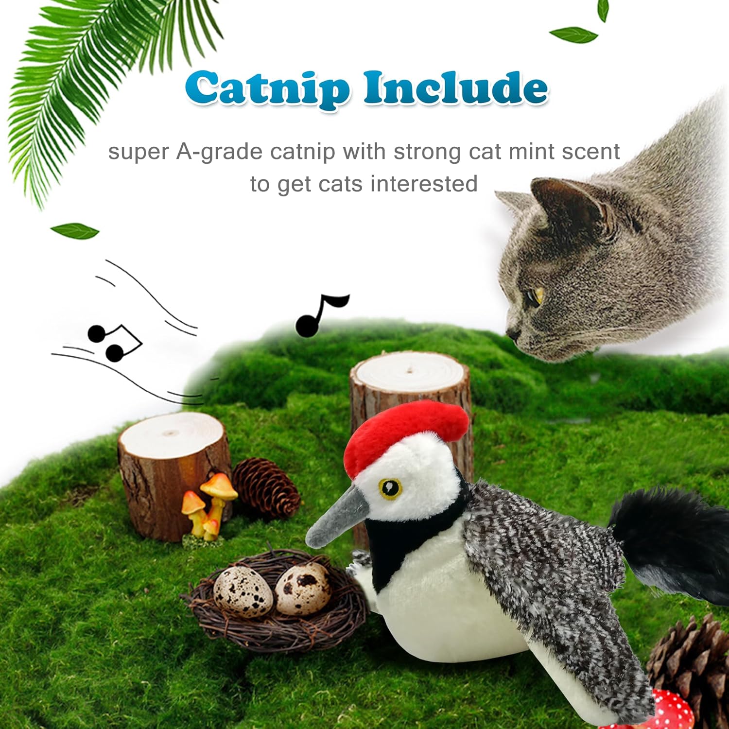 LEWISER Juguetes para gatos, alas aleteadas, lindo pájaro carpintero, no volar, chirrido, juguete interactivo de hierba gatera para gatitos o perros