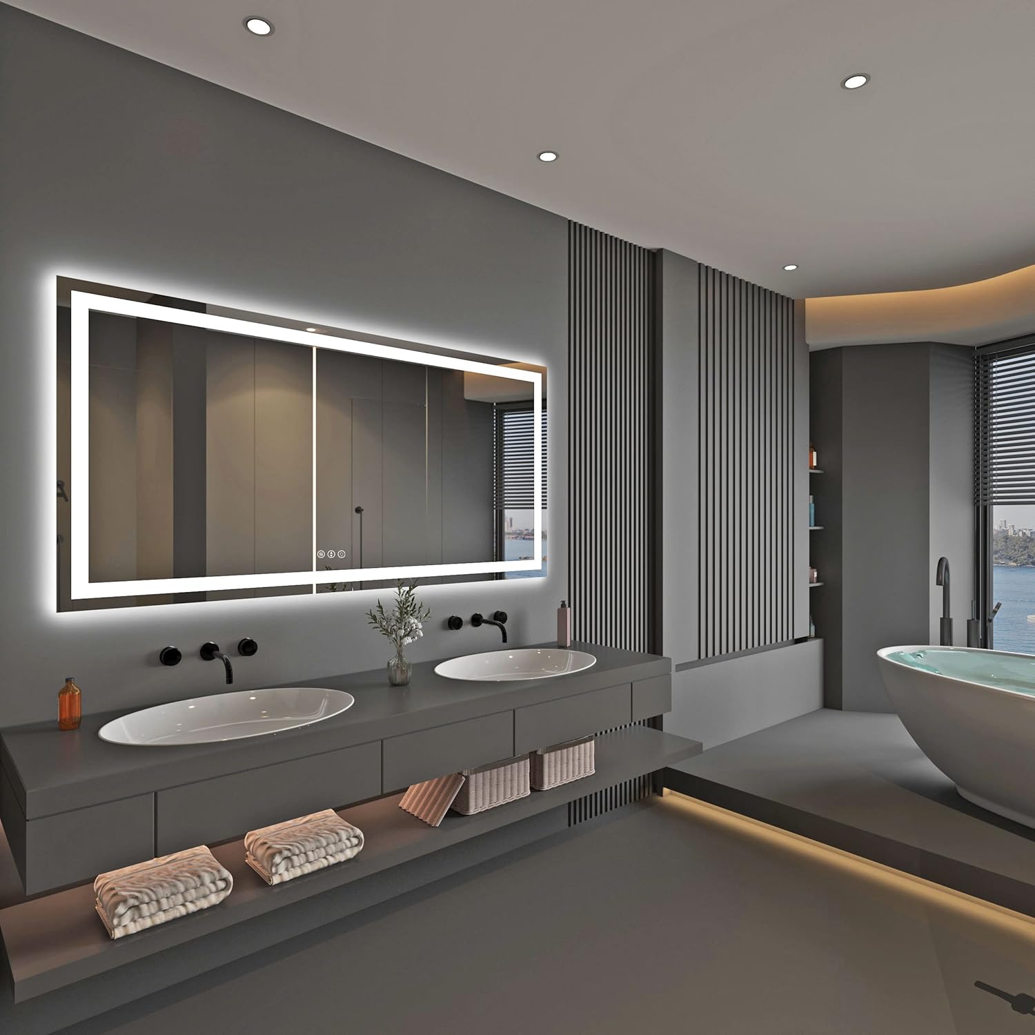 Espejo de baño LED de 72 x 36 pulgadas con luz frontal + retroiluminada, espejo de baño de vidrio templado con luces, antivaho, 3 colores con