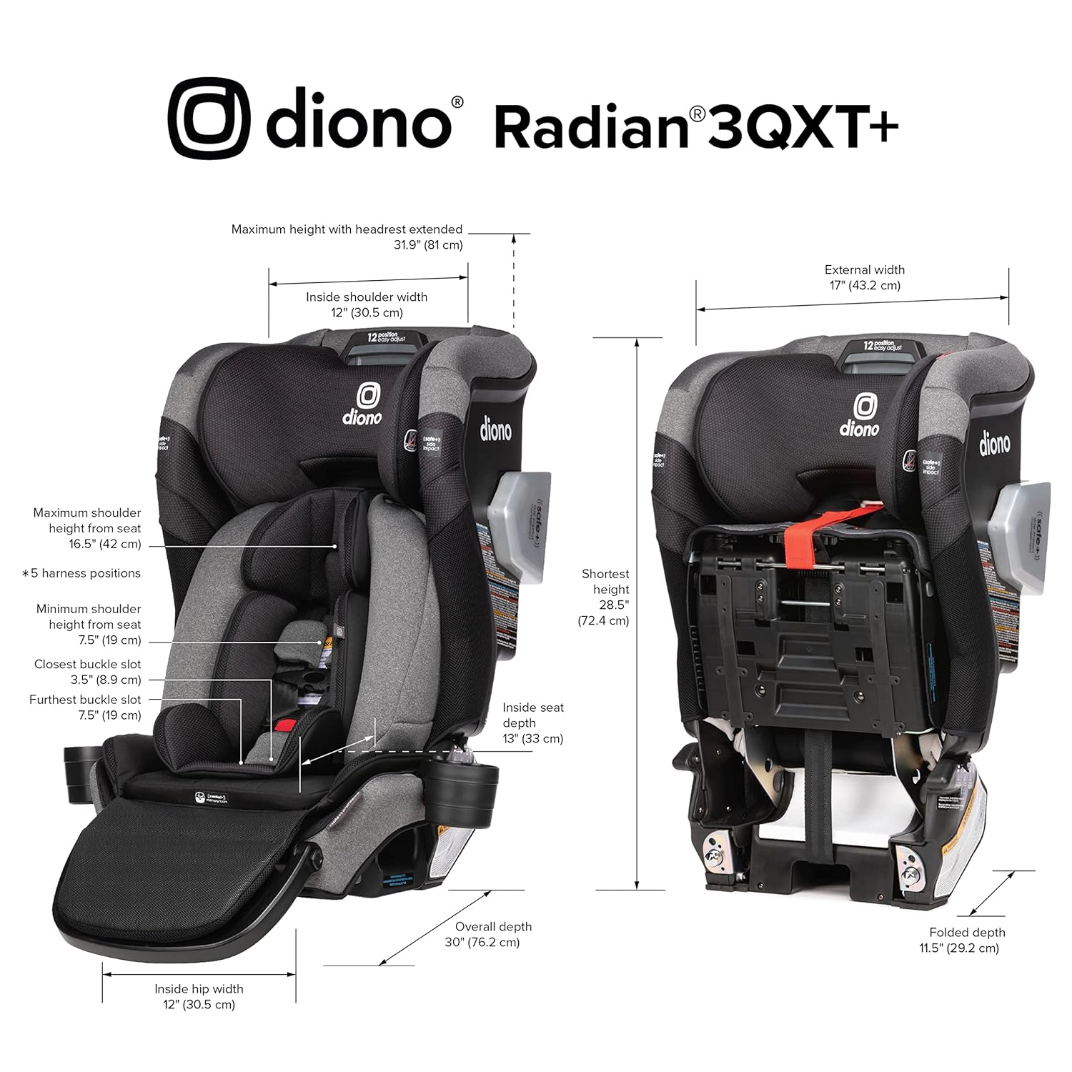 Diono Radian 3QXT+ FirstClass SafePlus – Asiento convertible 4 en 1 para automóvil, orientado hacia atrás y hacia adelante, ingeniería Safe Plus,