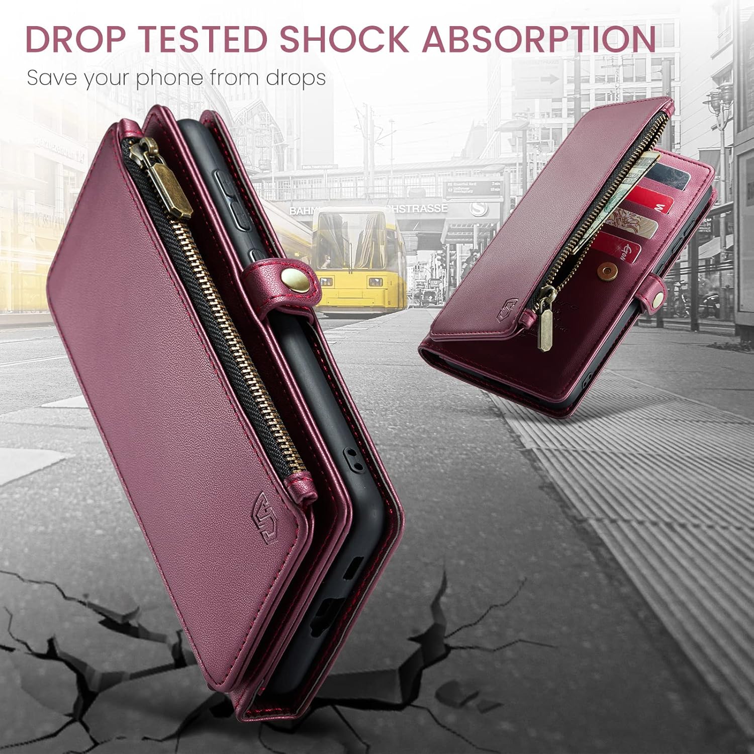 Funda compatible con Samsung Galaxy S21 FE 5G con tarjetero, bloqueo RFID, cremallera, para Galaxy S21 FE, funda magnética de piel sintética para