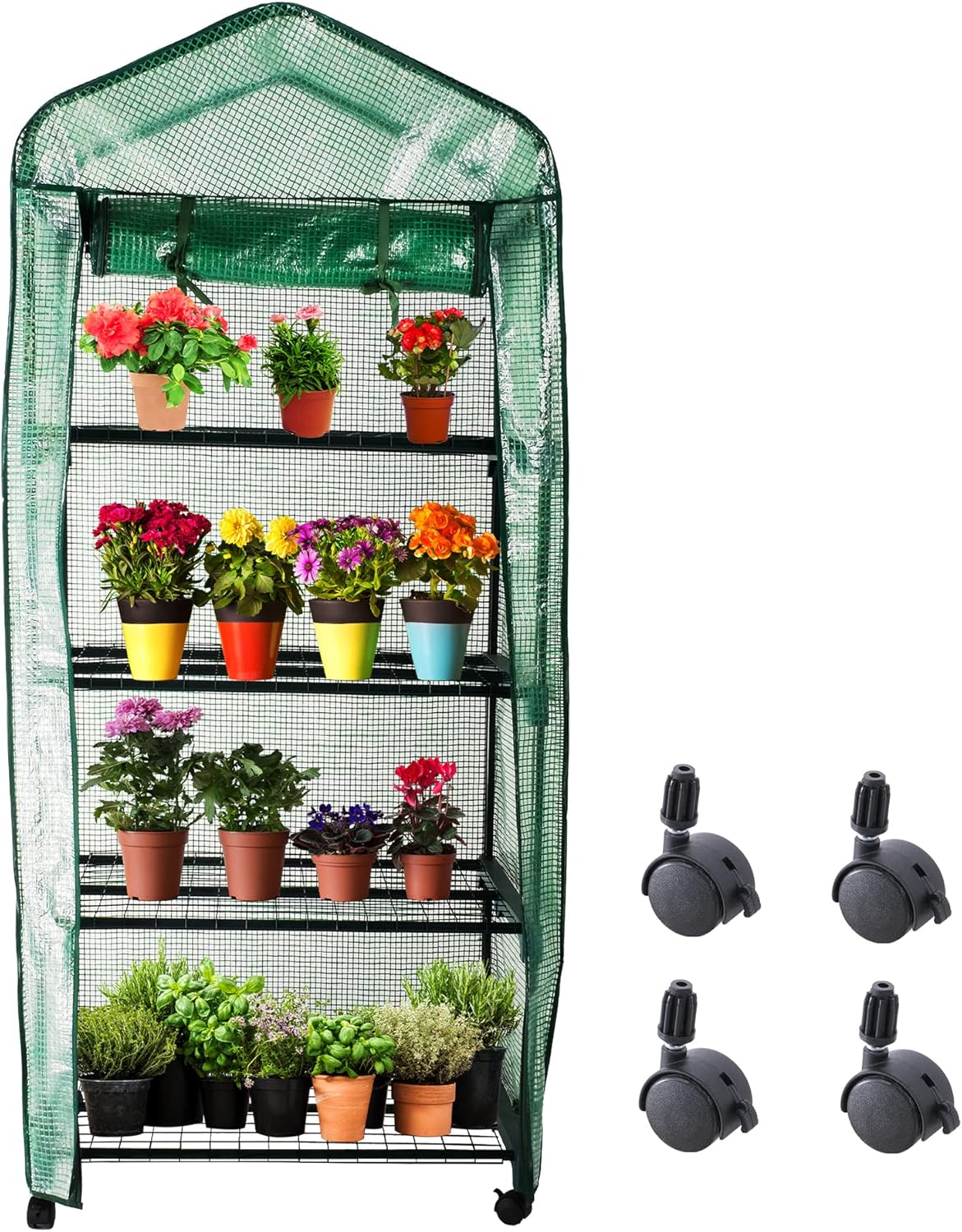 Mini invernadero de 4 niveles para interiores y exteriores, pequeña casa verde con ruedas giratorias y cubierta de PVC, mini invernadero rodante