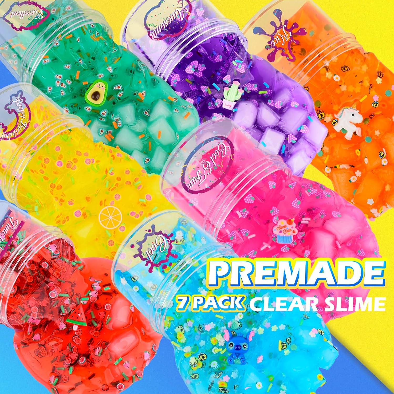 Paquete de 7 unidades de slime transparente con cubos de gelatina, sandía, aguacate, limón, rosa, azul, limo transparente, juego de limo de cristal