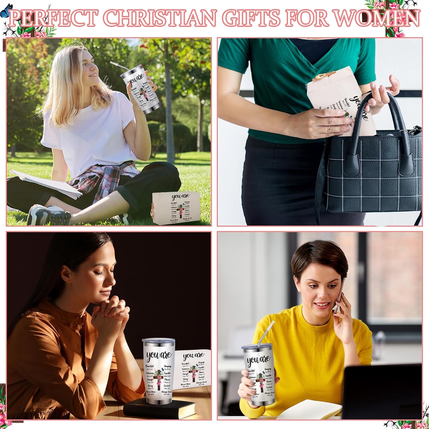 Tioncy Regalos cristianos para el día de la madre, regalos espirituales para mujeres, vaso de acero inoxidable de 20 onzas y bolsa de cosméticos
