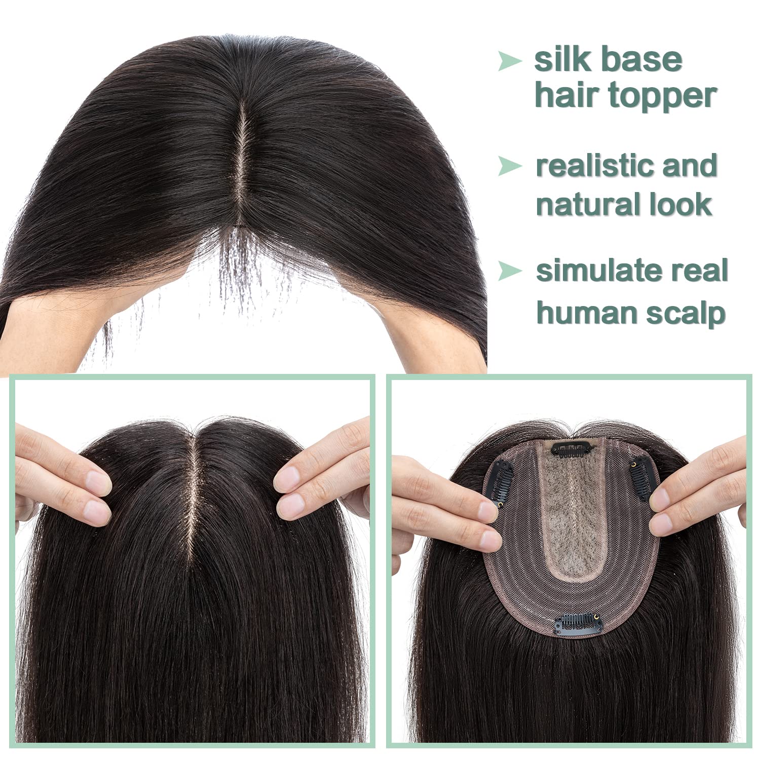 S-noilite Toppers para el cabello humano real para mujer, sin flequillo, 3.9 x 4.7 in, base de seda, extensiones de pelo con clip para cabello fino,