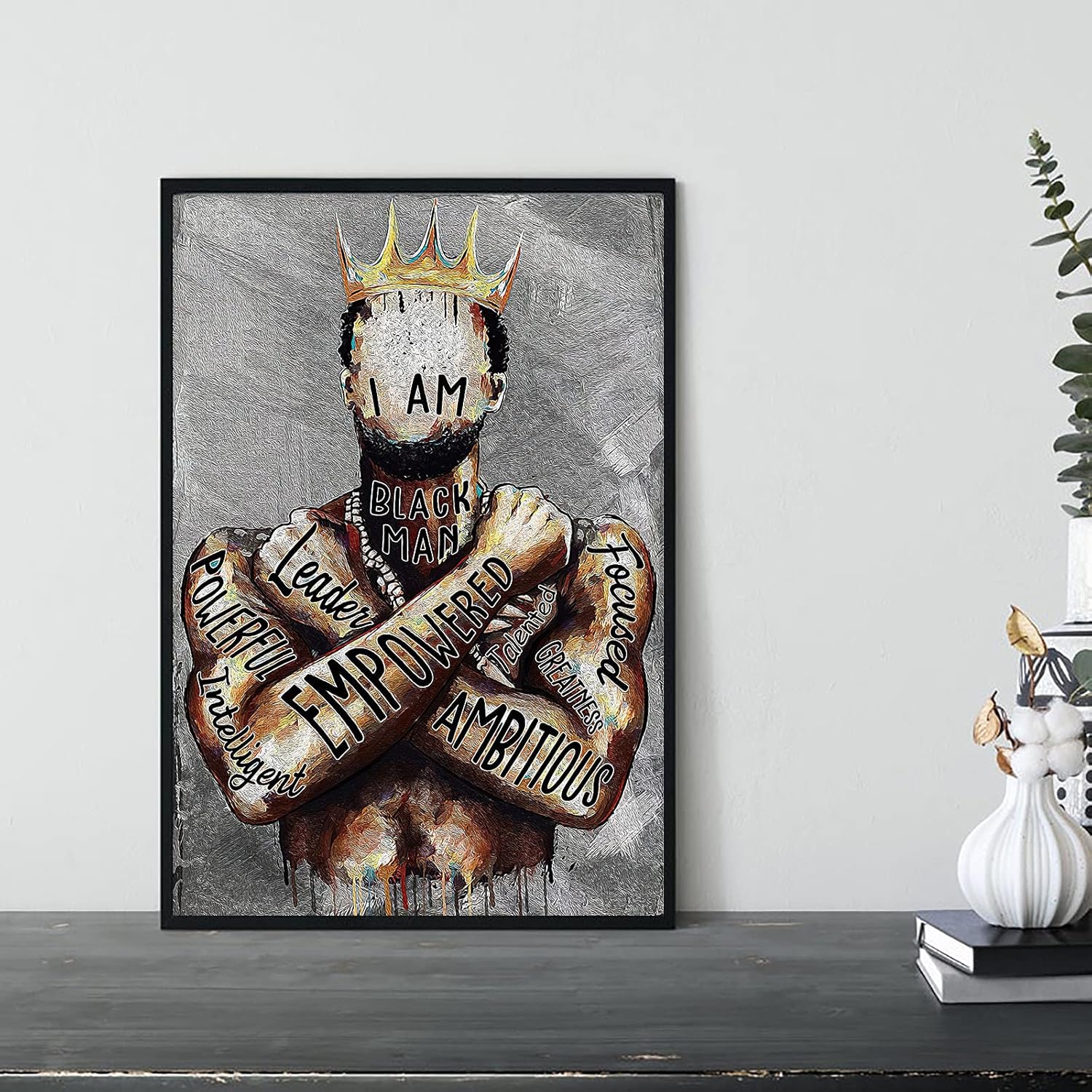Arte de pared de hombre negro, póster de hombre afroamericano con texto en inglés “I Am Empowered King”, frases motivacionales, retrato de hombre