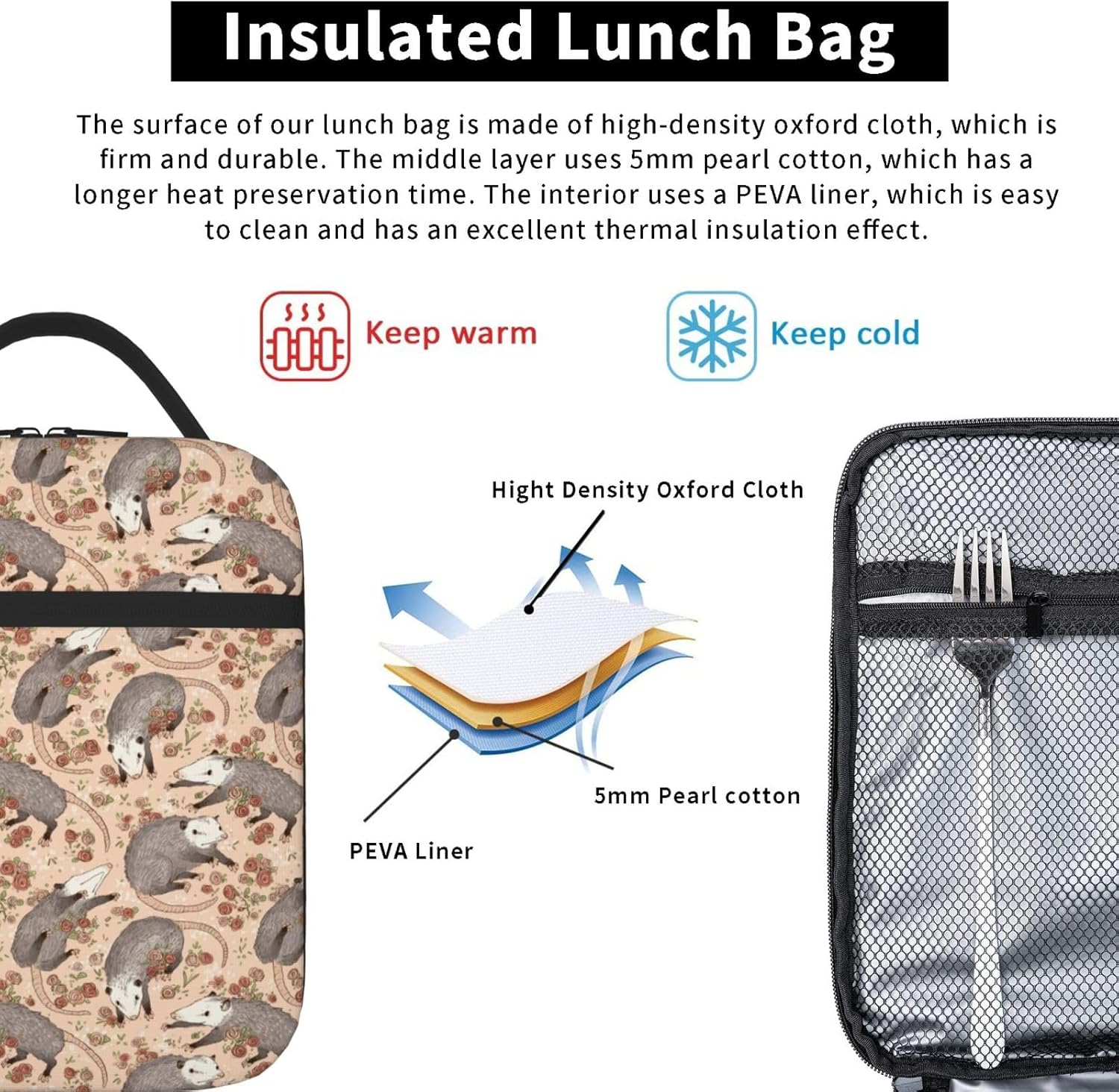 SWEET TANG Bolsa de almuerzo aislada Befuddled Possums Fiambrera Fiambrera Cremallera Bolsa suave duradera Bolsa de almuerzo reutilizable para el
