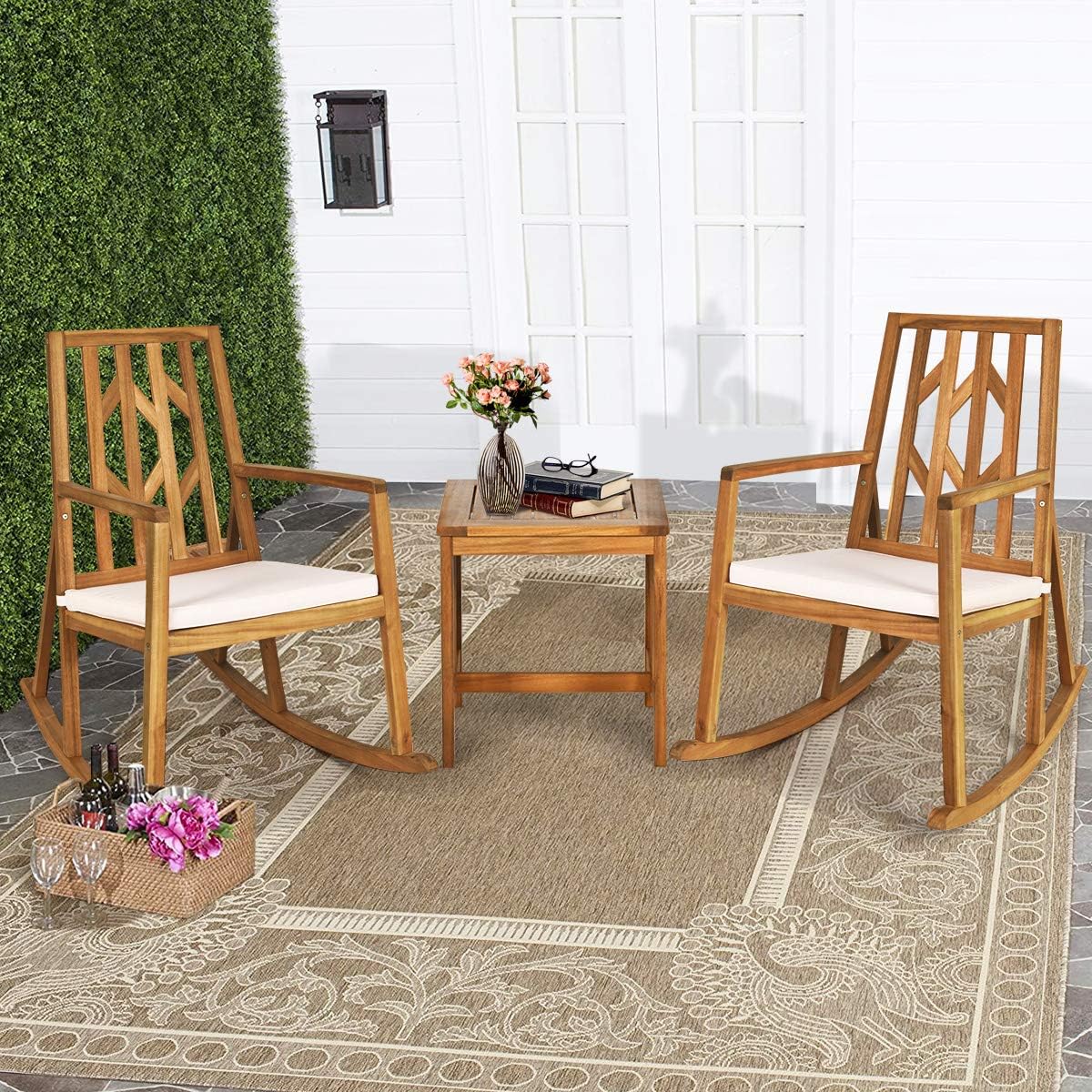 RELAX4LIFE Mecedora de madera para exteriores  Mecedora de patio de gran tamaño con respaldo alto, reposabrazos largo, cojín suave extraíble,