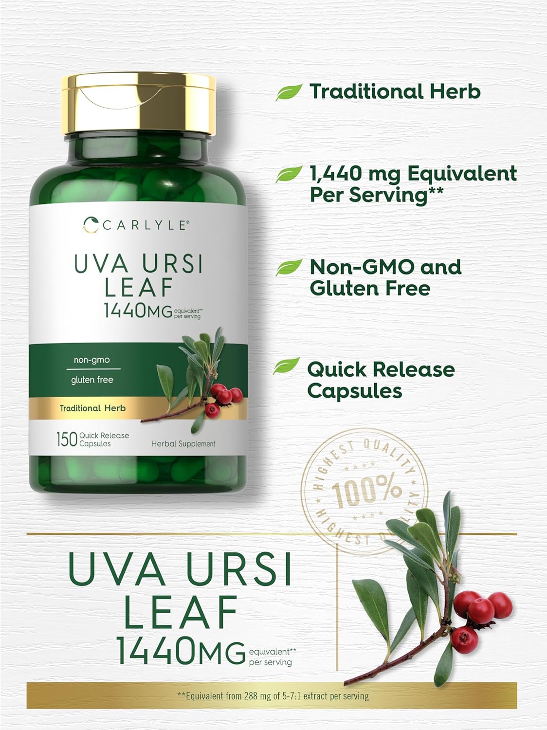Carlyle Uva Ursi Cápsulas  1440 mg  150 unidades  Extracto de hoja de hierbas  Sin OMG  Suplemento sin gluten