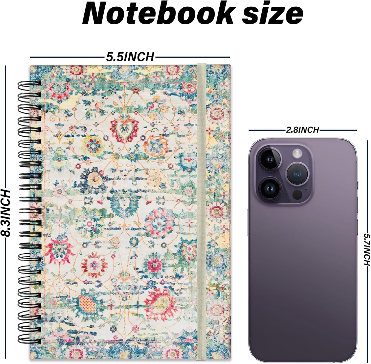 Cabreche Cuaderno de espiral de tapa dura de 5.5 x 8.3 pulgadas, papel grueso de 80 GSM, 60 hojas, 120 páginas con banda de cierre elástica para