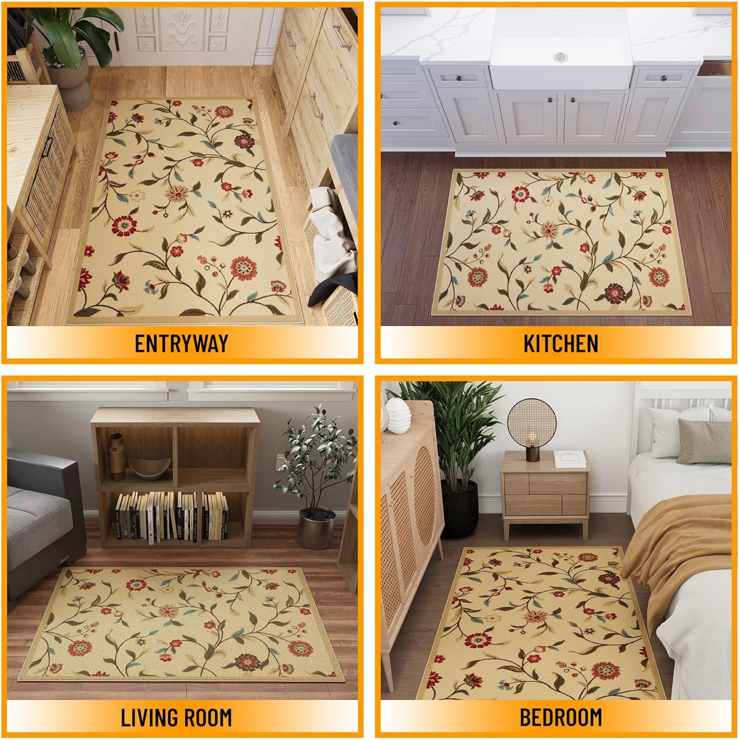 Ottomanson Ottohome Collection – Alfombra antideslizante de goma con diseño de hojas florales de 3 x 5 pies, 3 pies 3 pulgadas x 5 pies, color beige
