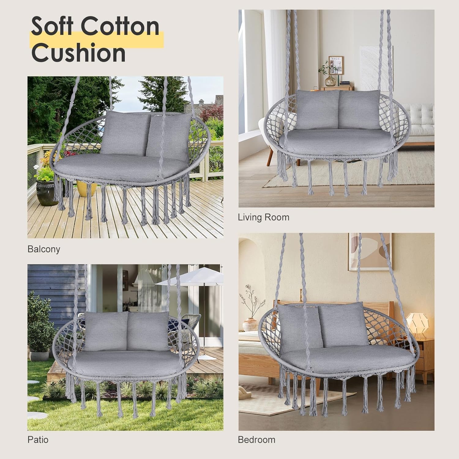 Silla oscilante doble, silla colgante grande de macramé con 3 cojines y accesorios de montaje, silla oscilante tejida a mano para dormitorio, patio,