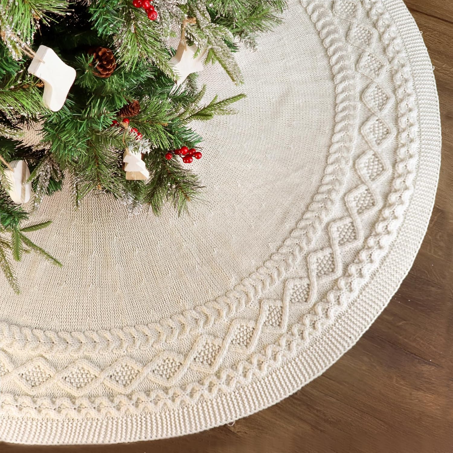 LimBridge Faldón de árbol de Navidad de punto 60 pulgadas extra grande falda de árbol blanco crema, combo de punto de cable de diamante,