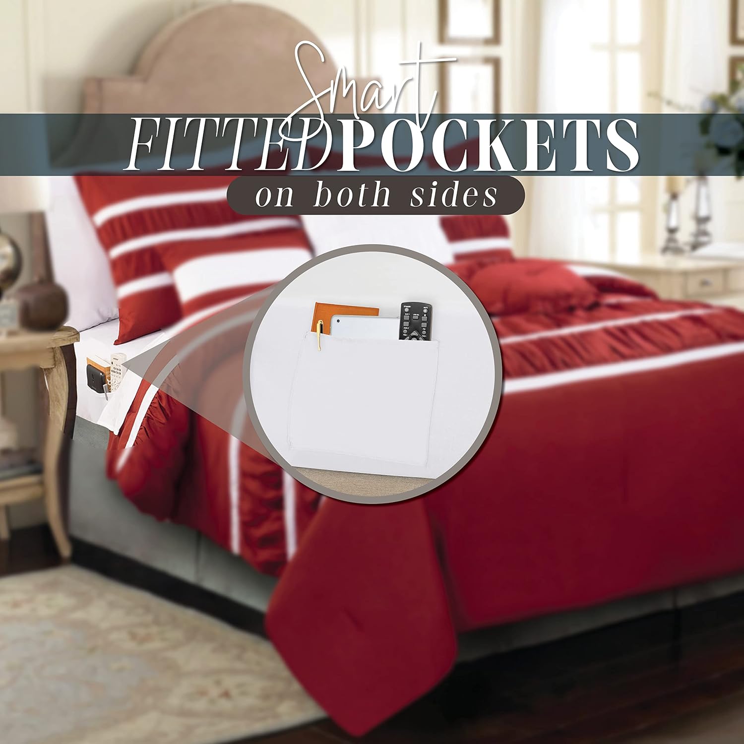 Elegant Comfort Isabella – Juego de edredón plisado con volantes de 12 piezas, juego de sábanas de 6 piezas con bolsillos inteligentes, almohadas