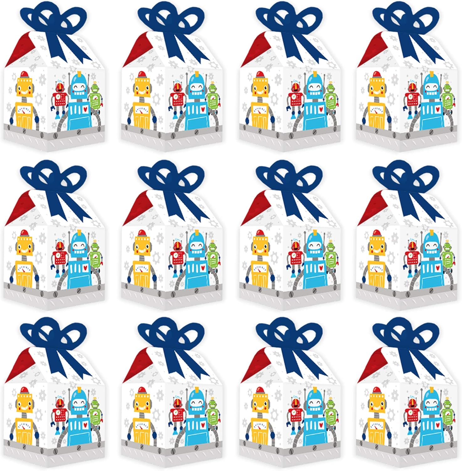 Big Dot of Happiness Gear Up Robots – Cajas de regalo cuadradas para fiestas de cumpleaños o baby shower, juego de 12
