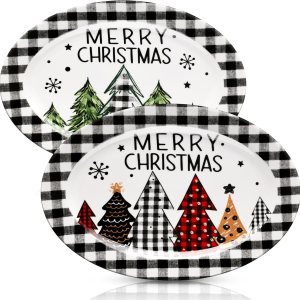 Kigley 2 platos ovalados de cerámica para árbol de Navidad, platos decorativos de búfalo blanco y negro, platos decorativos para árboles de Navidad Kigley 2 platos ovalados de cerámica para árbol de Navidad, platos decorativos de búfalo blanco y negro, platos decorativos para árboles de Navidad