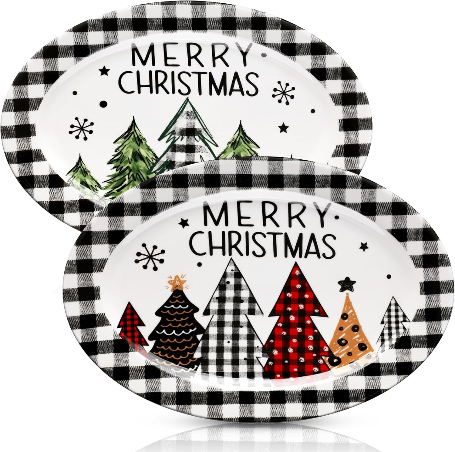Kigley 2 platos ovalados de cerámica para árbol de Navidad, platos decorativos de búfalo blanco y negro, platos decorativos para árboles de Navidad