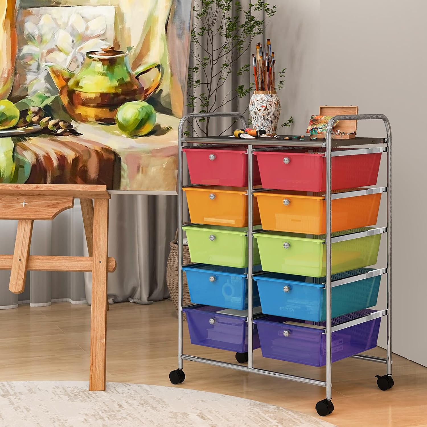 RELAX4LIFE Carrito de almacenamiento rodante con 10 cajones, carrito de almacenamiento para manualidades con ruedas bloqueables, carrito utilitario,