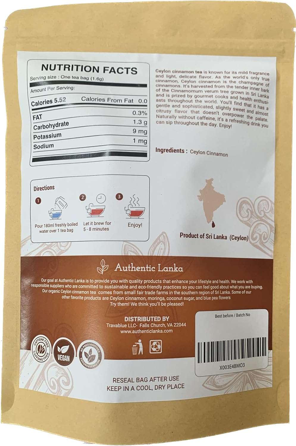Authentic Lanka Té de canela de Ceilán, té de especias de hierbas, bebida orgánica de canela, paquete de 25 bolsas de té de canela auténtica de Sri