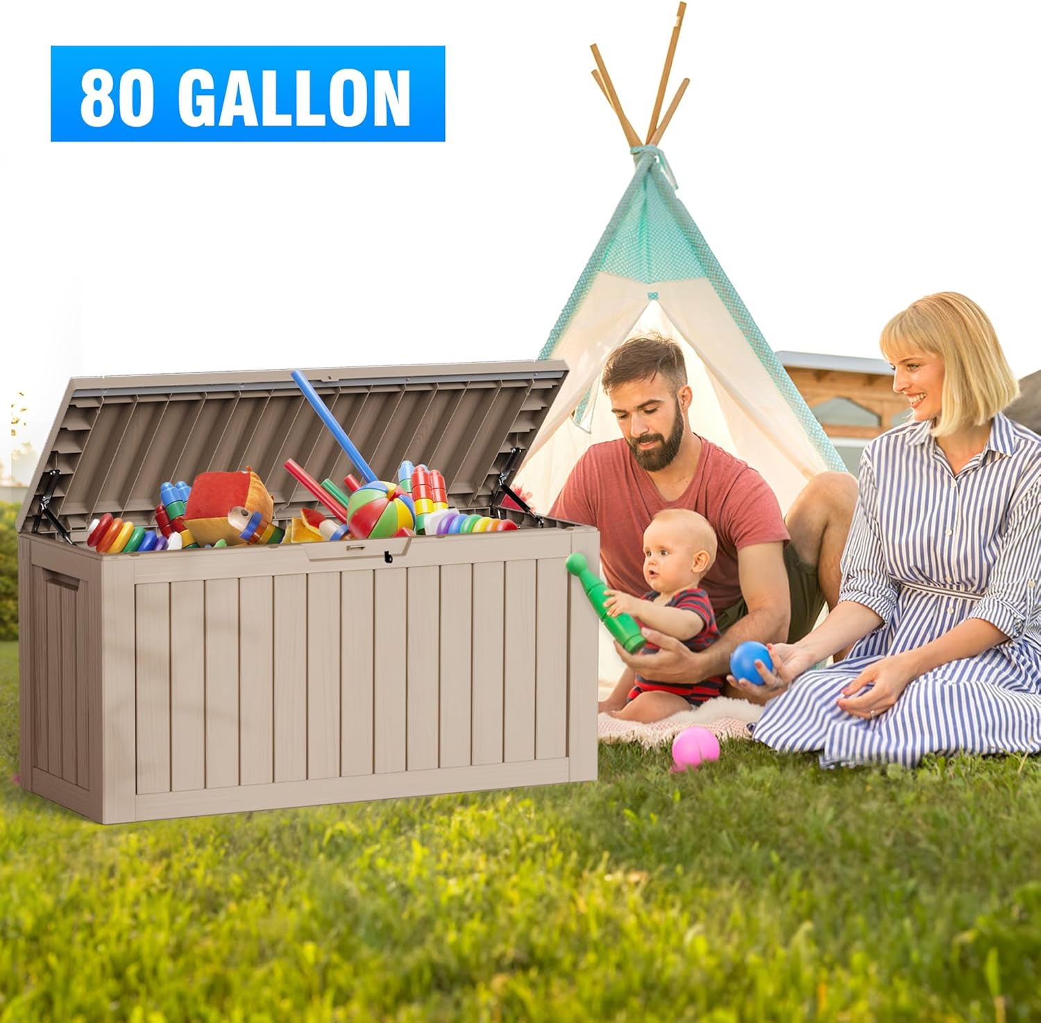 Caja de almacenamiento para exteriores de 80 galones, muebles de patio, herramientas de jardín, cojines, accesorios de piscina, caja de resina con