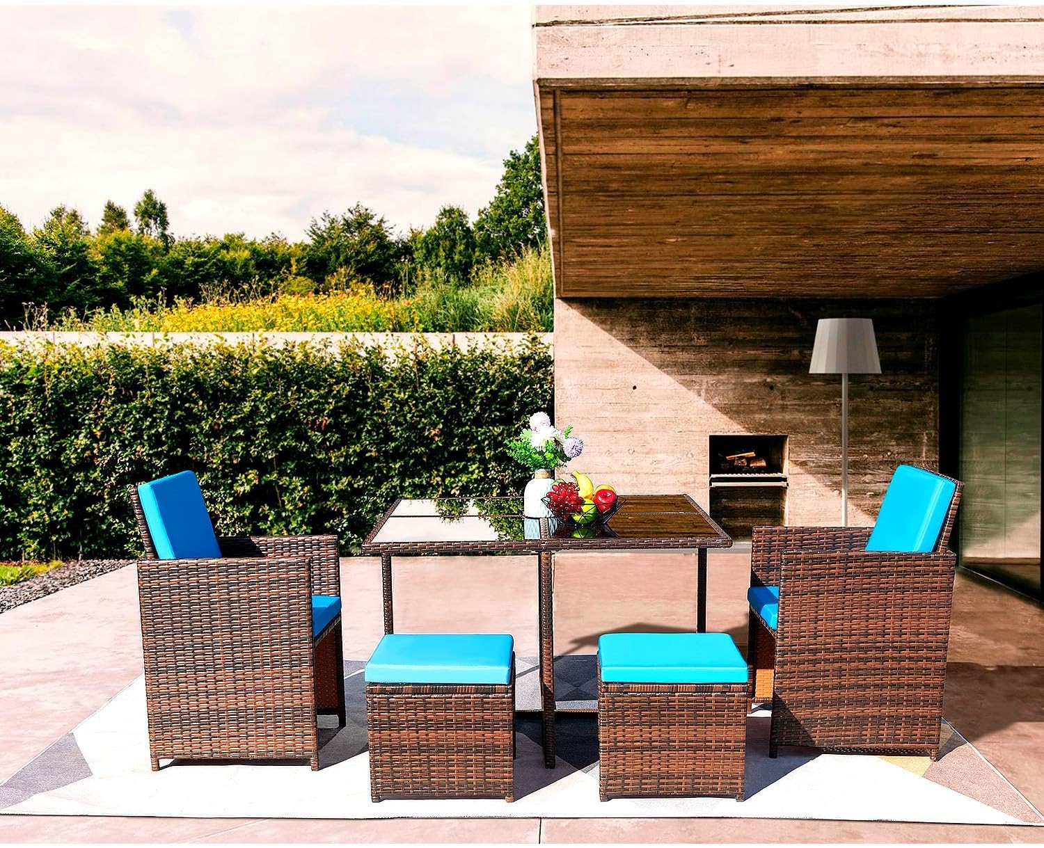 KaiMeng – Juego de comedor de 5 piezas para patio, sillas de mimbre marrón y negro, para exteriores, muebles de mimbre para balcón, porche con