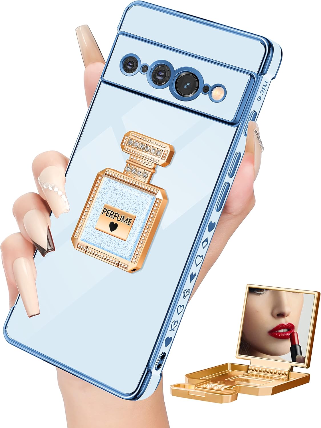 Buleens Funda para Pixel 7 Pro con soporte de espejo de botella de perfume de metal, bonitas fundas de corazón femenino para Google Pixel 7 Pro,