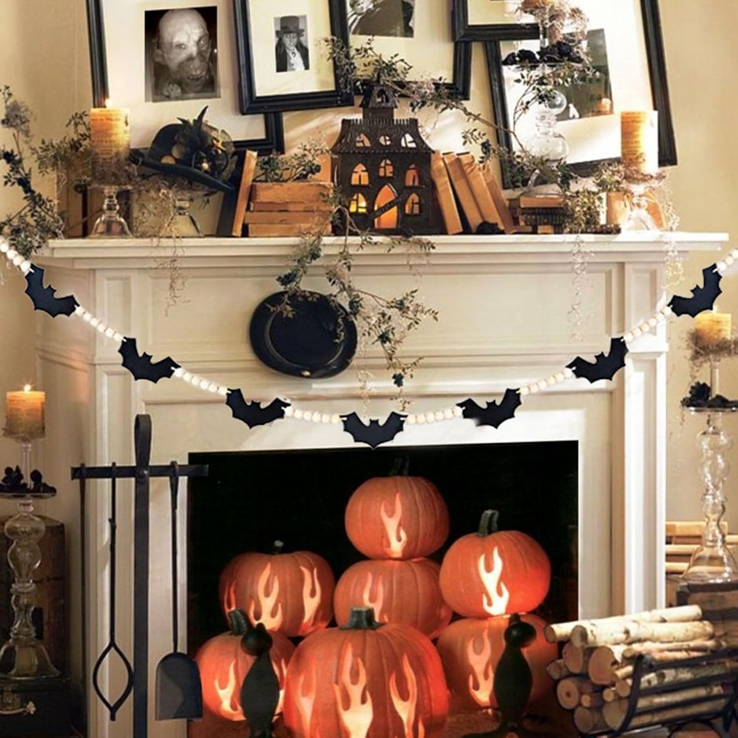 Decoraciones de Halloween para interiores, murciélagos de fieltro, guirnalda de cuentas de madera para pared, casa, chimenea, decoración de mantel