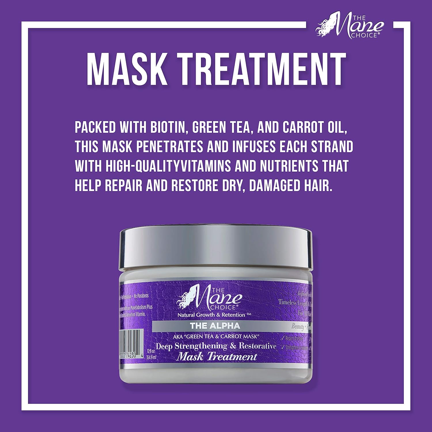The Mane Choice Mascarilla capilar Alpha Green Tea & Carrot Fortalecimiento y Tratamiento Restaurador, 12 onzas