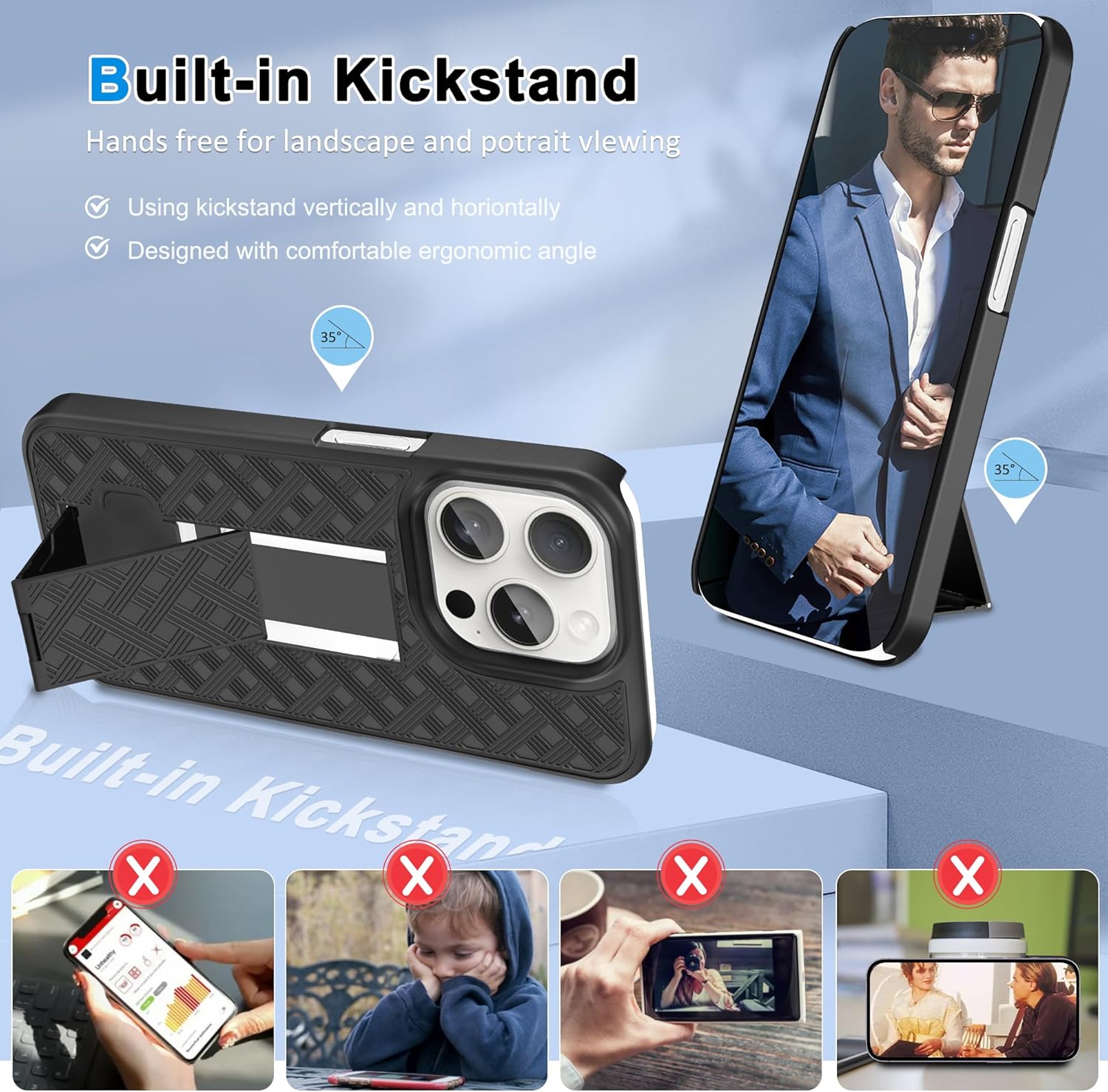 Fingic Funda para iPhone 15 Pro con funda con clip para cinturón Carcasa delgada combinada con soporte giratorio para cinturón con clip para