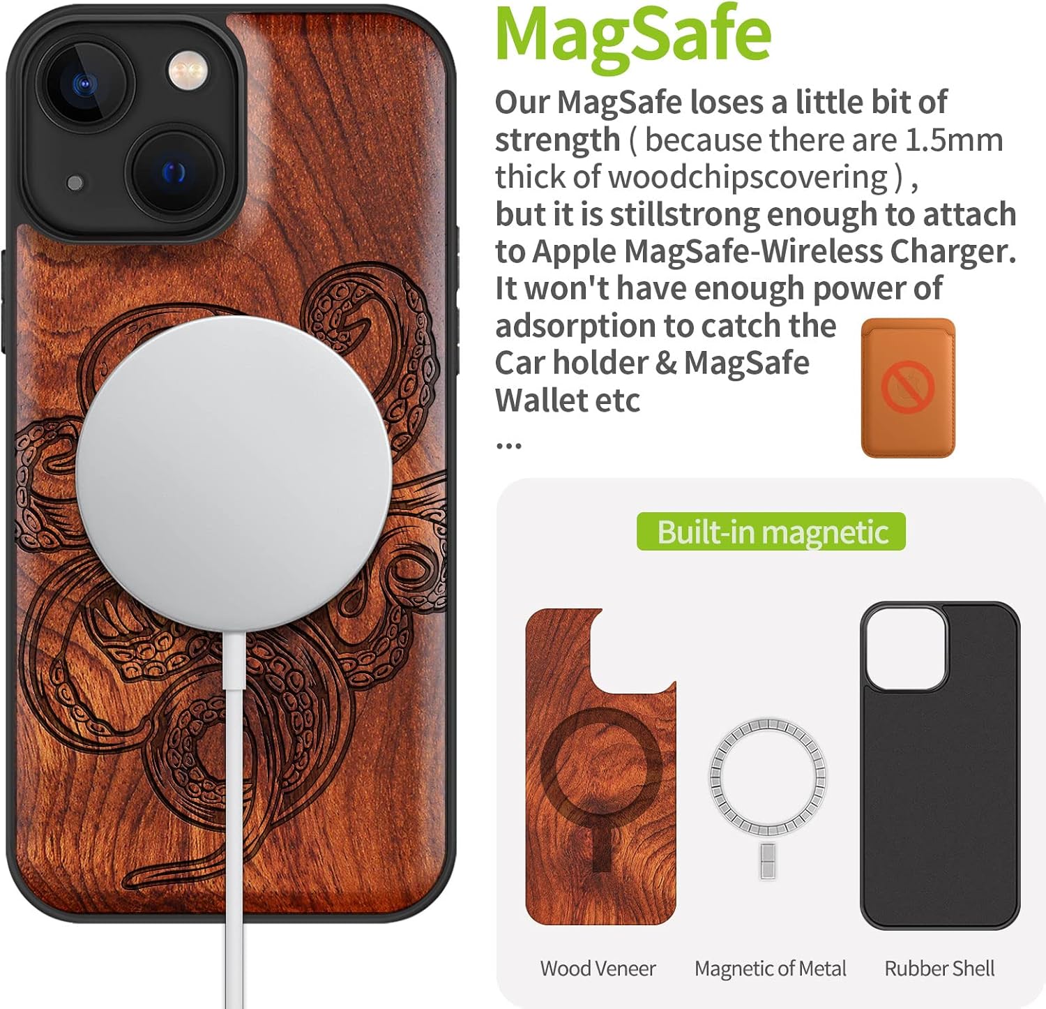 Carveit Funda magnética de madera para iPhone 13 Mini madera natural y TPU suave negro a prueba de golpes, funda de madera única y elegante