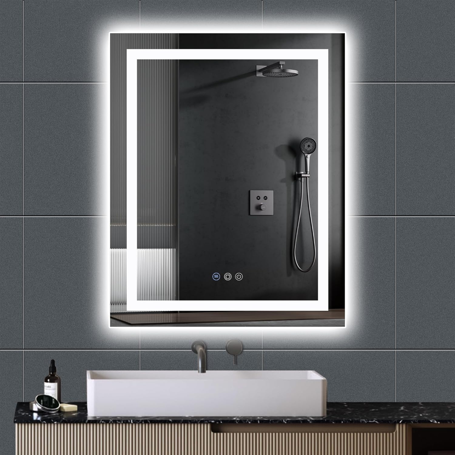 Espejo LED de baño con luces LED de 24 x 30 pulgadas con luz ajustable, antiniebla, a prueba de roturas, memoria, 3 colores, IP45 impermeable, con