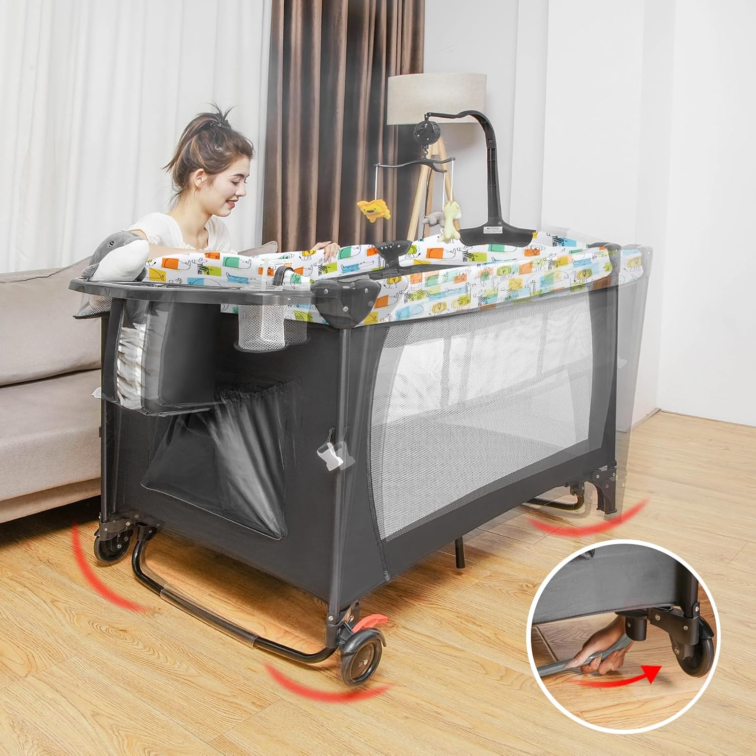 Afgbf Paquete y juego 5 en 1, cuna para bebé con cambiador de pañales, cuna portátil con bolsa de transporte, corral de bebé con 4 alturas