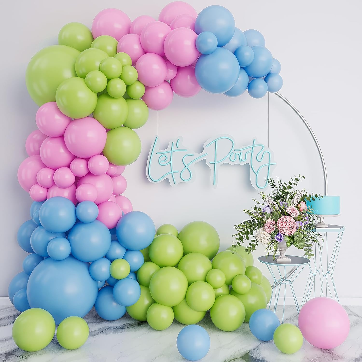 Blue and Pink Balloon Arch Garland Kit-Lime Green Balloon Latex Light Blue Balloon 132Pcs for Birthday,Graduation,Picnic,Baby Shower,Christmas Party