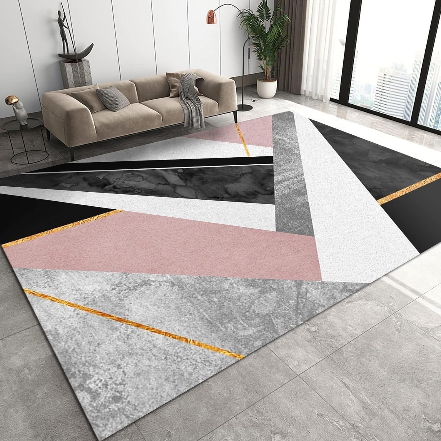 Alfombra geométrica de mármol rosa dorado, gris, blanco, rosa, negro, alfombra lavable a máquina para interiores con respaldo antideslizante para