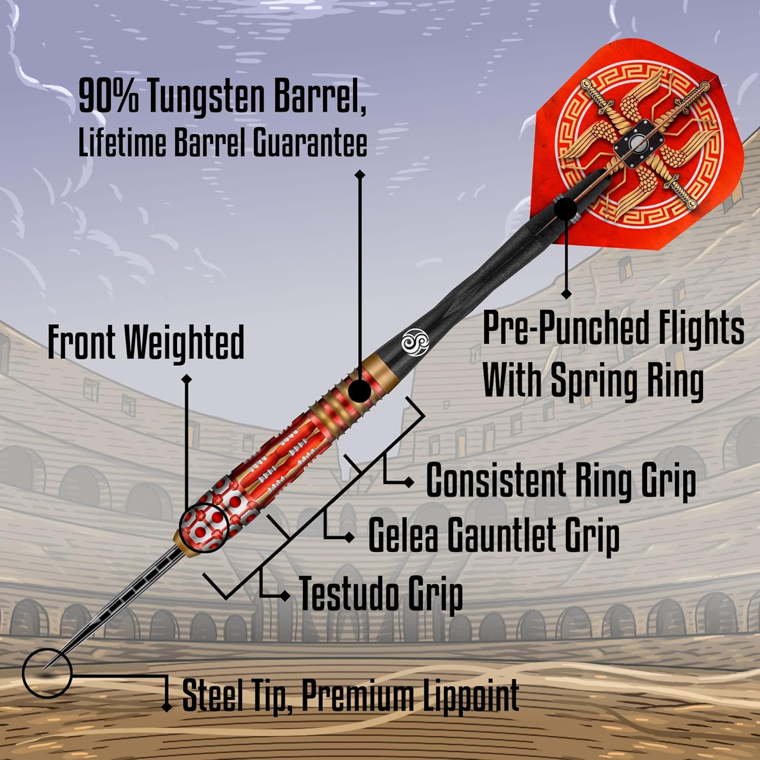 Shot Roman Empire Centurion – Juego de dardos de punta de acero con punta de acero 90% tungsteno profesional – Fabricado en Nueva Zelanda – Vuelos