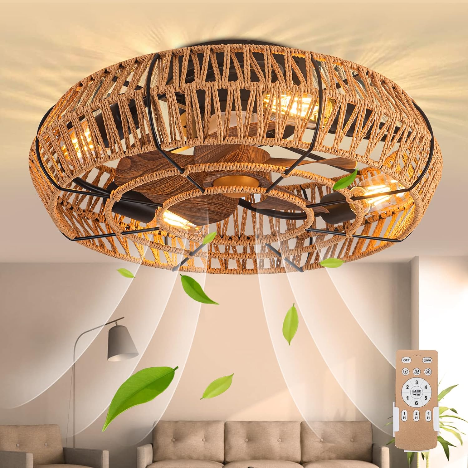 Ventilador de techo bohemio de 19 pulgadas con control remoto, ventilador de techo enjaulado de ratán de granja de 6 velocidades reversible para